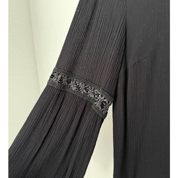 Women’s Black Long Sleeve Blouse with Lace Trim and Tie Cuffs Boho Chic Style XS - Picture 6 of 10